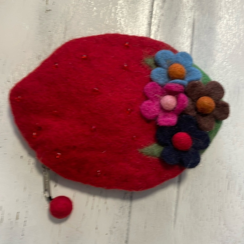 Wool strawberry pouch hand made in Nepal with flowers and beads red green wool